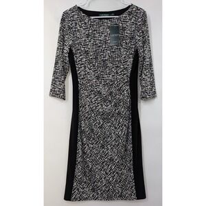 Lauren Ralph Lauren Dress‎ Women 8 Black White Geometric Sheath Stretch 3/4 NWT
